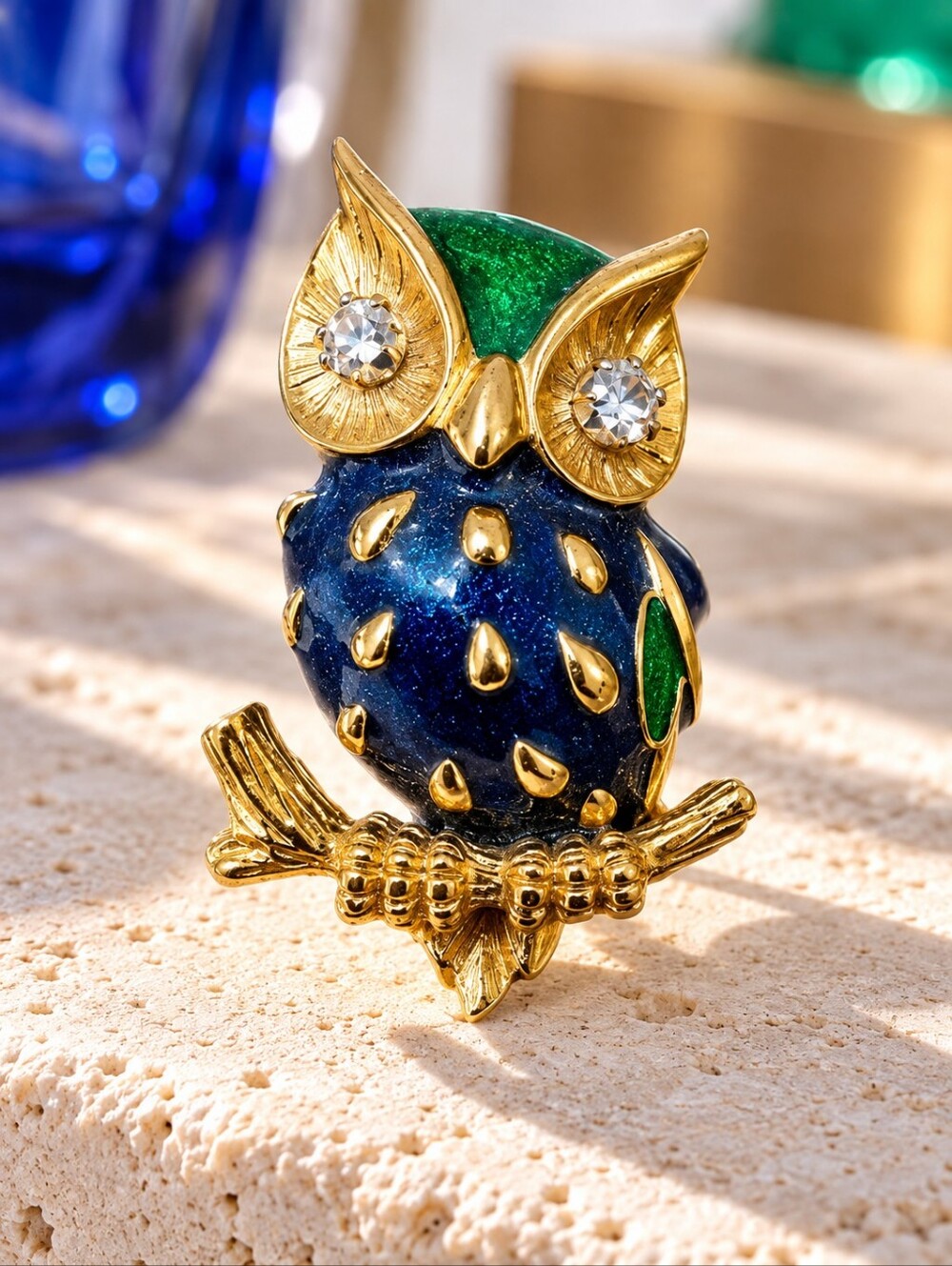 Vintage D'Orlan Owl Brooch Blue Green Enamel Swarovski Crystal Gold
